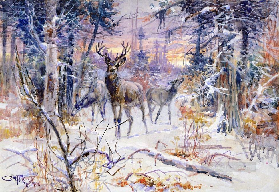 Ciervos en un bosque nevado 1906 Charles Marion Russell Pintura al óleo